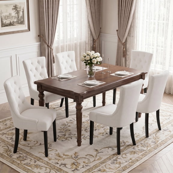 LEHZROAJ Beige Tufted Linen Dining Chairs Set of 6, Upholstered Wingback Side Chairs with Button Tufted Back Solid Wood Legs, Farmhouse Kitchen Chairs for Dining Room, Living Room