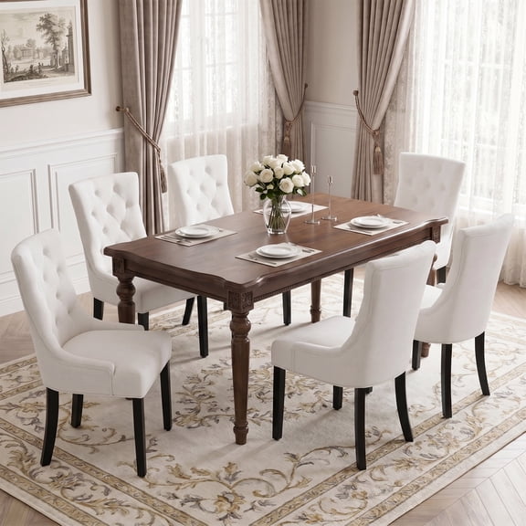 LEHZROAJ Beige Tufted Linen Dining Chairs Set of 6, Upholstered Wingback Side Chairs with Button Tufted Back Solid Wood Legs, Farmhouse Kitchen Chairs for Dining Room, Living Room