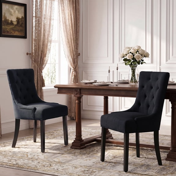 LEHZROAJ Black Tufted Linen Dining Chairs Set of 2, Upholstered Wingback Side Chairs with Button Tufted Back Solid Wood Legs, Farmhouse Kitchen Chairs for Dining Room, Living Room