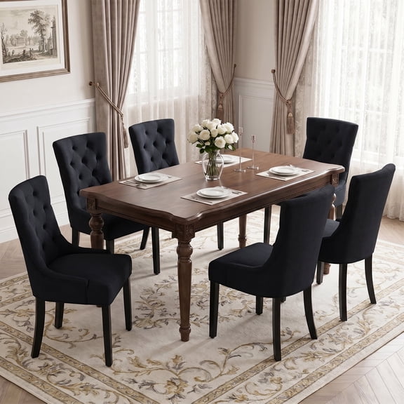 LEHZROAJ Black Tufted Linen Dining Chairs Set of 6, Upholstered Wingback Side Chairs with Button Tufted Back Solid Wood Legs, Farmhouse Kitchen Chairs for Dining Room, Living Room