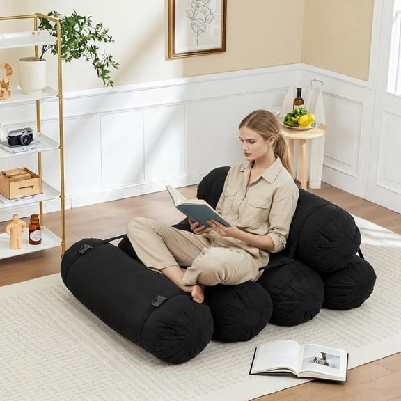 LEHZROAJ Modern Corduroy Compressed Floor Sofa,Round Couch Beanbag Chair Adjustable Straps No Assembly Required for Living Room,Bedroom,Black