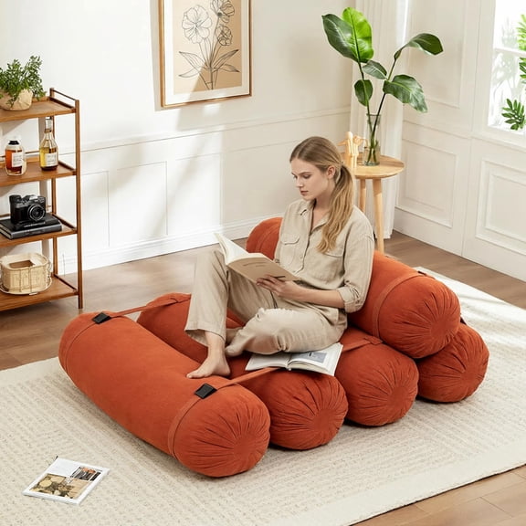 LEHZROAJ Modern Corduroy Compressed Floor Sofa,Round Couch Beanbag Chair Adjustable Straps No Assembly Required for Living Room,Bedroom,Orange