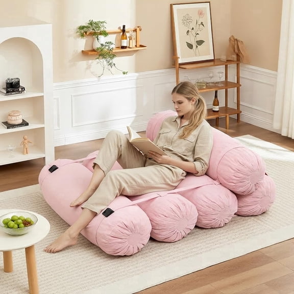 LEHZROAJ Modern Corduroy Compressed Floor Sofa,Round Couch Beanbag Chair Adjustable Straps No Assembly Required for Living Room,Bedroom,Pink