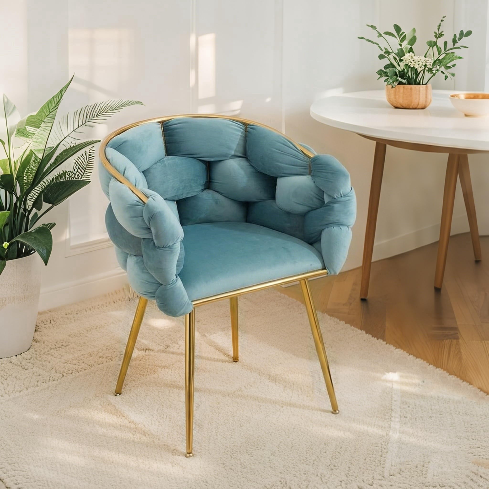LEHZROAJ Modern Upholstered Dining Chairs Set of 1,Side Chair Oversize Gold Metal Leg for Dining Room,Kitchen,Restaurant(Blue)