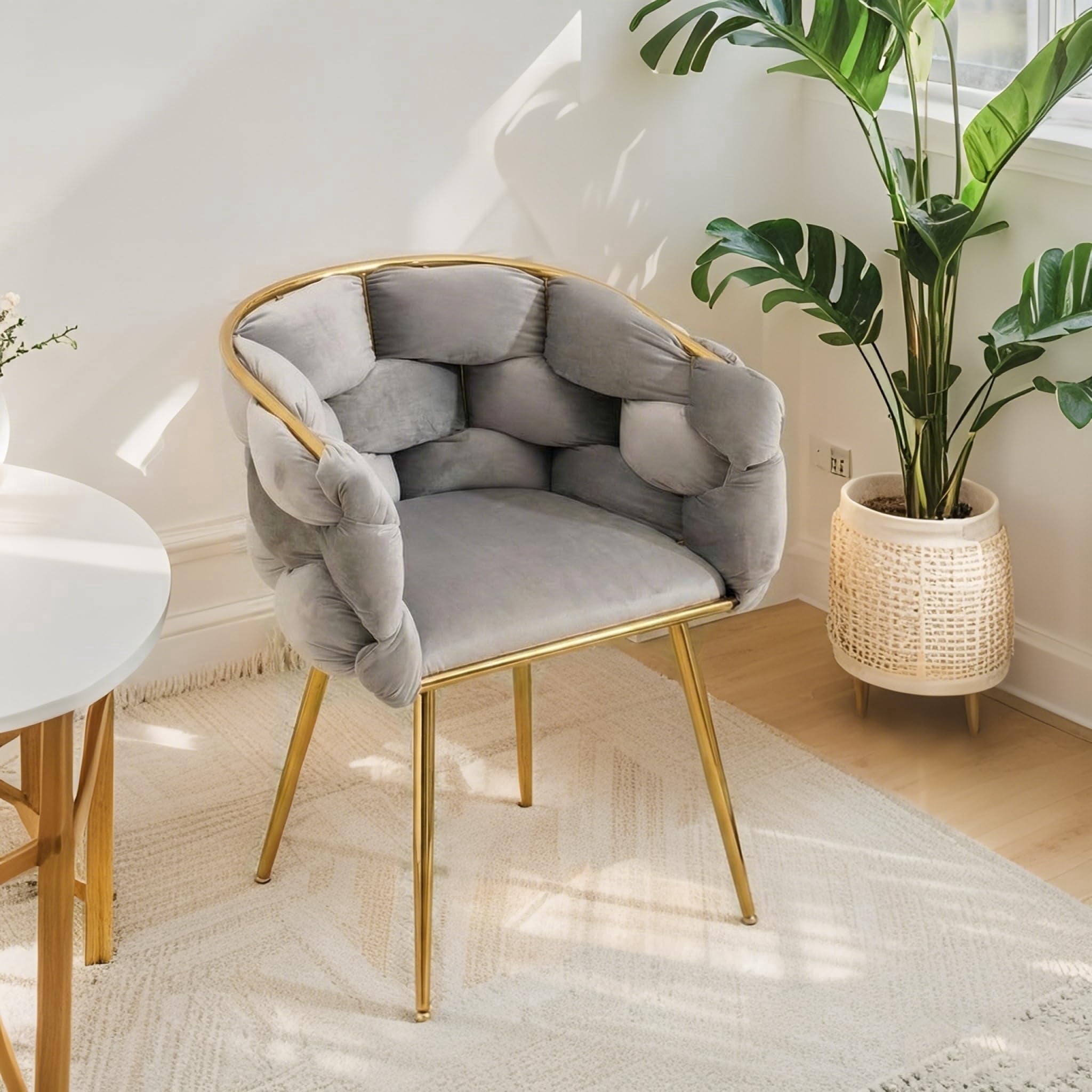 LEHZROAJ Modern Upholstered Dining Chairs Set of 1,Side Chair Oversize Gold Metal Leg for Dining Room,Kitchen,Restaurant(Gray)