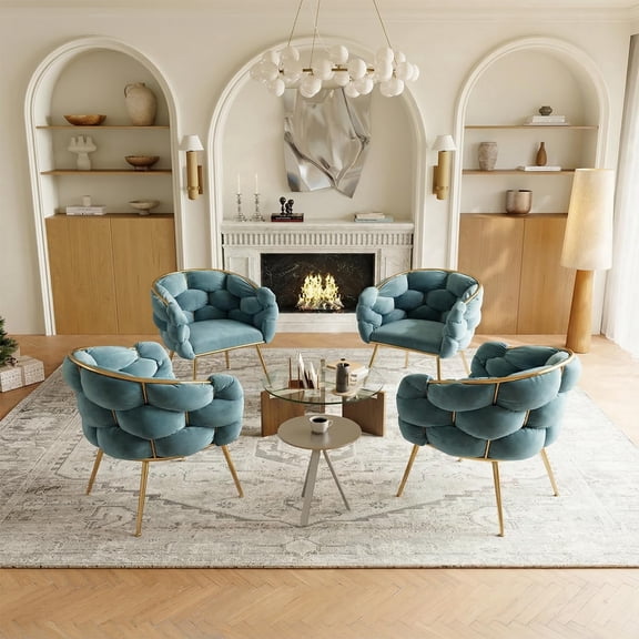 LEHZROAJ Modern Upholstered Dining Chairs Set of 4,Side Chair Oversize Gold Metal Leg for Dining Room,Kitchen,Restaurant(Blue)