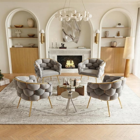 LEHZROAJ Modern Upholstered Dining Chairs Set of 4,Side Chair Oversize Gold Metal Leg for Dining Room,Kitchen,Restaurant(Gray)