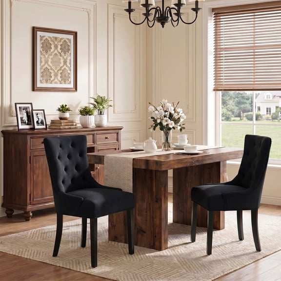 LEHZROAJ Tufted Linen Upholstered Dining Chairs Set of 2,Wingback Side Chairs Button Tufted Back Solid Wood Legs,Farmhouse Kitchen Chairs for Dining Room,Living Room(Dark)