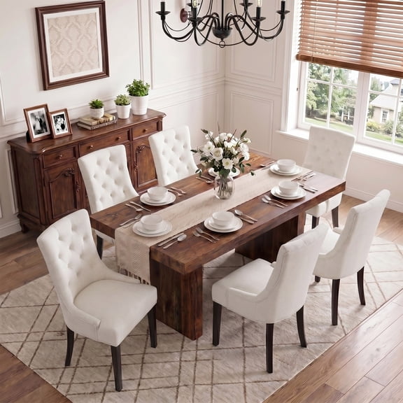 LEHZROAJ Tufted Linen Upholstered Dining Chairs Set of 6,Wingback Side Chairs Button Tufted Back Solid Wood Legs,Farmhouse Kitchen Chairs for Dining Room,Living Room(Beige)