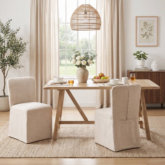 LEHZROAJ Linen Fabric Upholstered Dining Chairs Set of 2,Modern Armless Side Chair High Back for Dining Room,Living Room,Kitchen(Beige）