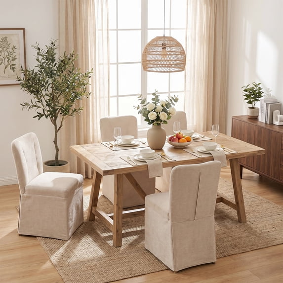 LEHZROAJ Linen Fabric Upholstered Dining Chairs Set of 4,Modern Armless Side Chair High Back for Dining Room,Living Room,Kitchen(Beige)