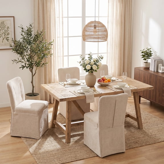 LEHZROAJ Linen Fabric Upholstered Dining Chairs Set of 4,Modern Armless Side Chair High Back for Dining Room,Living Room,Kitchen(Beigeļ¼