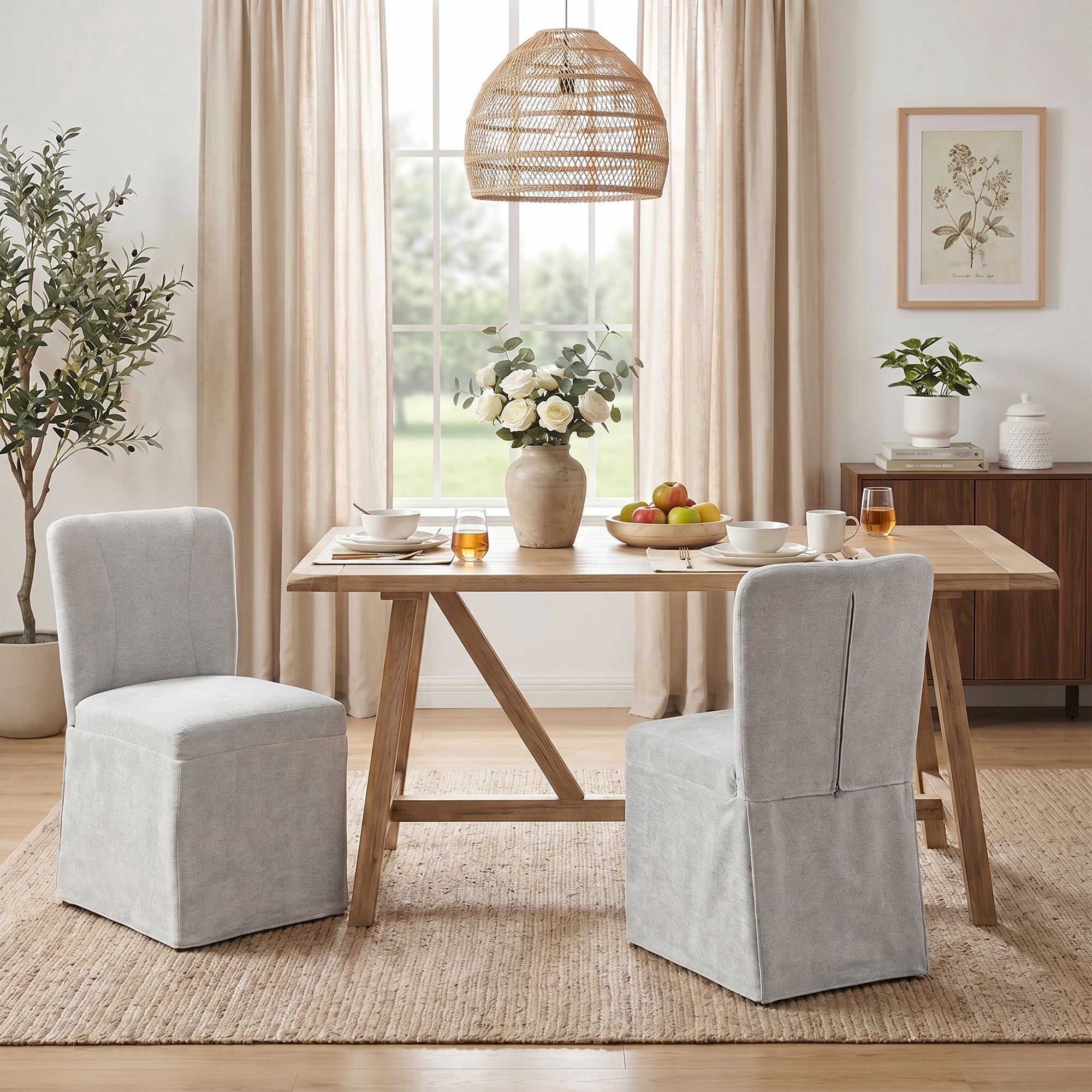 LEHZROAJ Linen Fabric Upholstered Dining Chairs Set of 2,Modern Armless Side Chair High Back for Dining Room,Living Room,Kitchen(Grey）