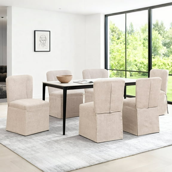 LEHZROAJ Linen Fabric Upholstered Dining Chairs Set of 6,Modern Armless Side Chair High Back for Dining Room,Living Room,Kitchen(Beige）