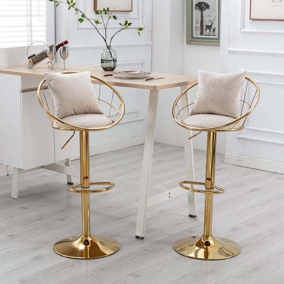 LEHZROAJ Velvet 360°Swivel Upholstered Bar Stools Set of 4,Adjustable Height Counter Stools Metal Frame Footrest(White)