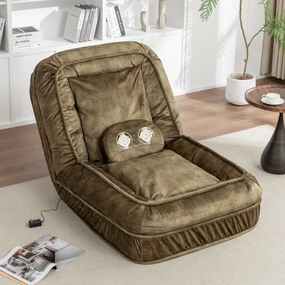 LEHZROAJ Velvet Upholstered Bean Bag Chairs,5-Position Adjustable 2 Soft Pillows Massage Floor Sofa,Multi-Functional Human Dog Bed for Living Room(Green)
