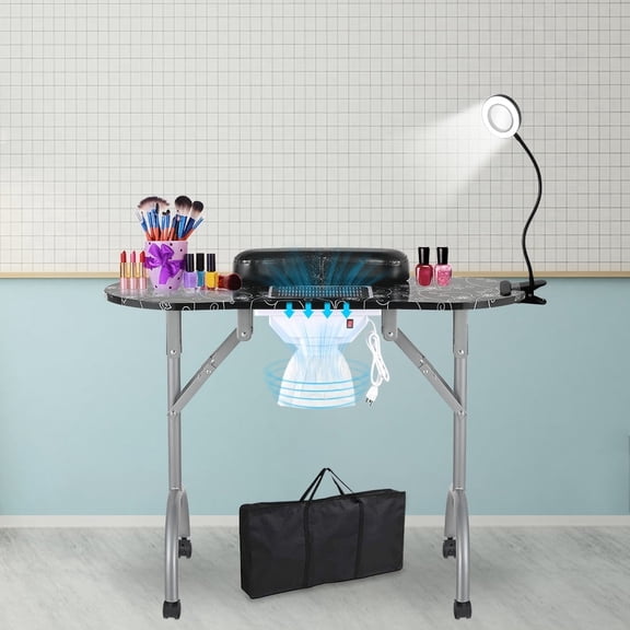 LEIBOU Professional 35''L Portable & Foldable Manicure Table Nail Table Nail Desk with Magnifier USB LED Lamp,Fan Dust Collector,Sponge,Carrying Bag