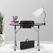 LEIBOU 36''L Portable & Foldable Manicure Table Nail Table with Magnifier USB LED Table Lamp,Rolling Wheels,Drawer,Sponge,Free Carrying Bag