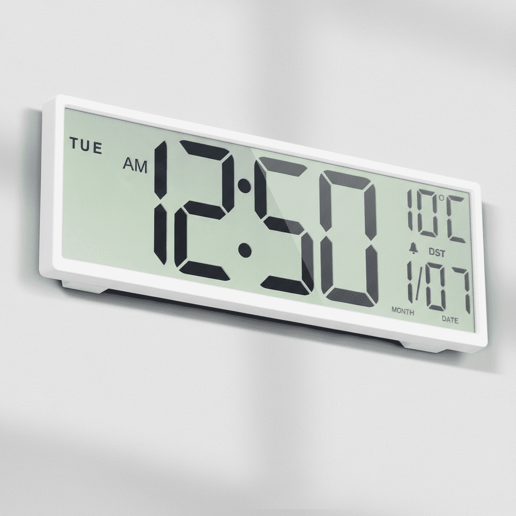 LEIKE 15" Digital Wall Clock Battery Operated Large Display with Date and Day of Week, Large Number with Temperature, Auto DST, Alarm, Snooze, 12/24H for Desk Office