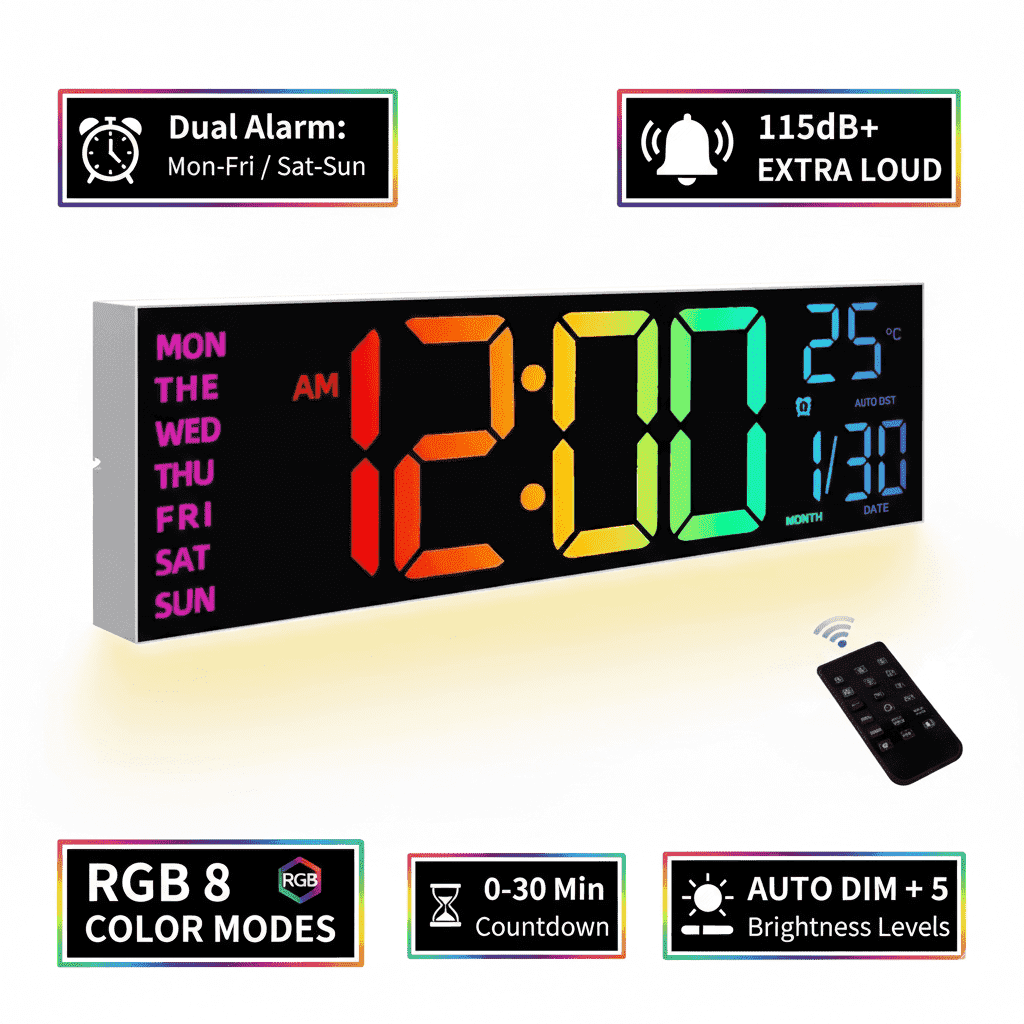 LEIKE 16.2 Large LED Digital Wall Clock with Easy-to-Read Display, Battery Operated for Easy Placement, Ideal as Alarm Clocks for Bedroom, Kitchen, Office