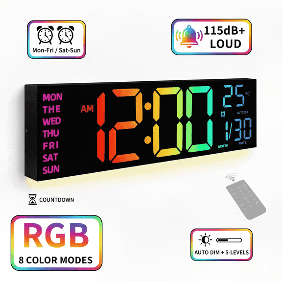LEIKE 16.2" Large Digital Wall Clock with 8 Colors, 5-Level Brightness Adjustment, Battery Operated, Temperature Display, Big Numbers Alarm Clock for Bedroom Office Living Room