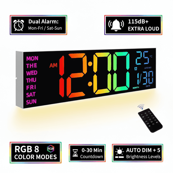 LEIKE 16.2 Large LED Digital Wall Clock with Easy-to-Read Display, Battery Operated for Easy Placement, Ideal as Alarm Clocks for Bedroom, Kitchen, Office