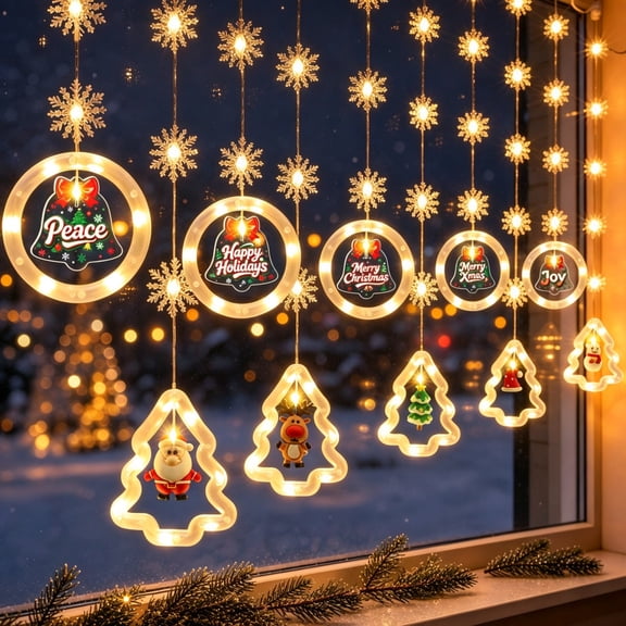 LEIPUMART Christmas Window Curtain Lights, Warm White Wishing Ring & Tree Icicle String Lights with Remote Timer, 8 Modes USB Powered Hanging Holiday Decor for Indoor Home Party