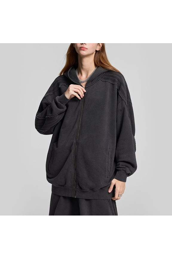 High-Street Men’s 100% Cotton Sweatshirt – Heavyweight 420g Retro Washed Zip-Up Hoodie Jacket, Edgy Street Style