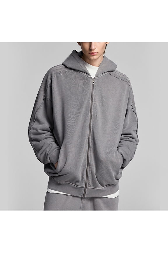 High-Street Men’s 100% Cotton Sweatshirt – Heavyweight 420g Retro Washed Zip-Up Hoodie Jacket, Edgy Street Style