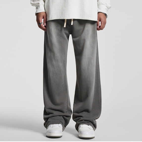 LEISFRE Hip Hop Street Style Men’s Straight Leg Pants – 100% Cotton Washed Distressed Casual Sports Long Pants, Loose Fit