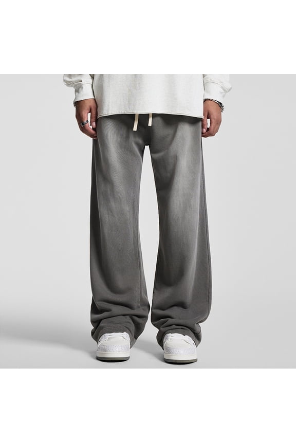 Hip Hop Street Style Men’s Straight Leg Pants – 100% Cotton Washed Distressed Casual Sports Long Pants, Loose Fit