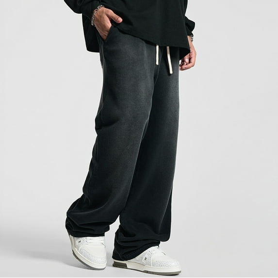 LEISFRE Hip Hop Street Style Men’s Straight Leg Pants – 100% Cotton Washed Distressed Casual Sports Long Pants, Loose Fit