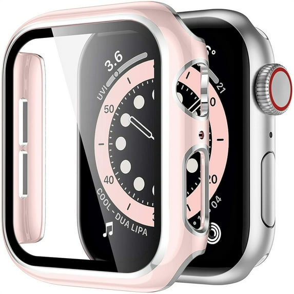 LEIXIUER Crested Glass+Cover Compatible with Apple Watch Case 45mm 41mm 44mm 40mm 42mm 38mm Bumper+Screen Protector iWatch Series 8 7 SE 6 5 4 3 2 1 - pink silver