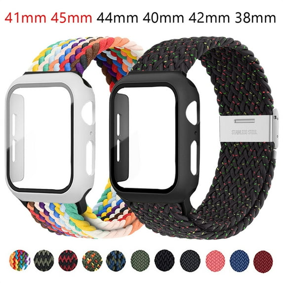 LEIXIUER Nylon Band for Apple Watch Bands with Case 40mm 44mm, Adjustable Braided Solo Loop with Glass Screen Protector Case ,Soft Wristband Stretch Nylon Elastic Strap for iWatch Series SE 6 5 4