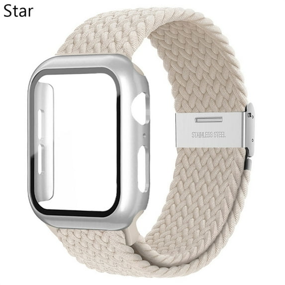 LEIXIUER Nylon Band for Apple Watch Bands with Case 40mm 44mm, Adjustable Braided Solo Loop with Glass Screen Protector Case ,Soft Wristband Stretch Nylon Elastic Strap for iWatch Series SE 6 5 4