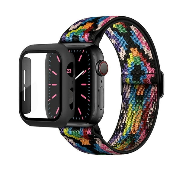 LEIXIUER Stretchy Bands + Case Compatible with Apple Watch Bands iWatch Band 38mm 40mm 41mm 42mm 44mm 45mm, Adjustable Weave Nylon Braided Solo Loop Band Women Men for iWatch Series 9 8 7 SE 6 5 4 3 2