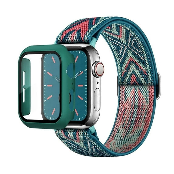 LEIXIUER Stretchy Bands + Case Compatible with Apple Watch Bands iWatch Band 38mm 40mm 41mm 42mm 44mm 45mm, Adjustable Weave Nylon Braided Solo Loop Band Women Men for iWatch Series 9 8 7 SE 6 5 4 3 2