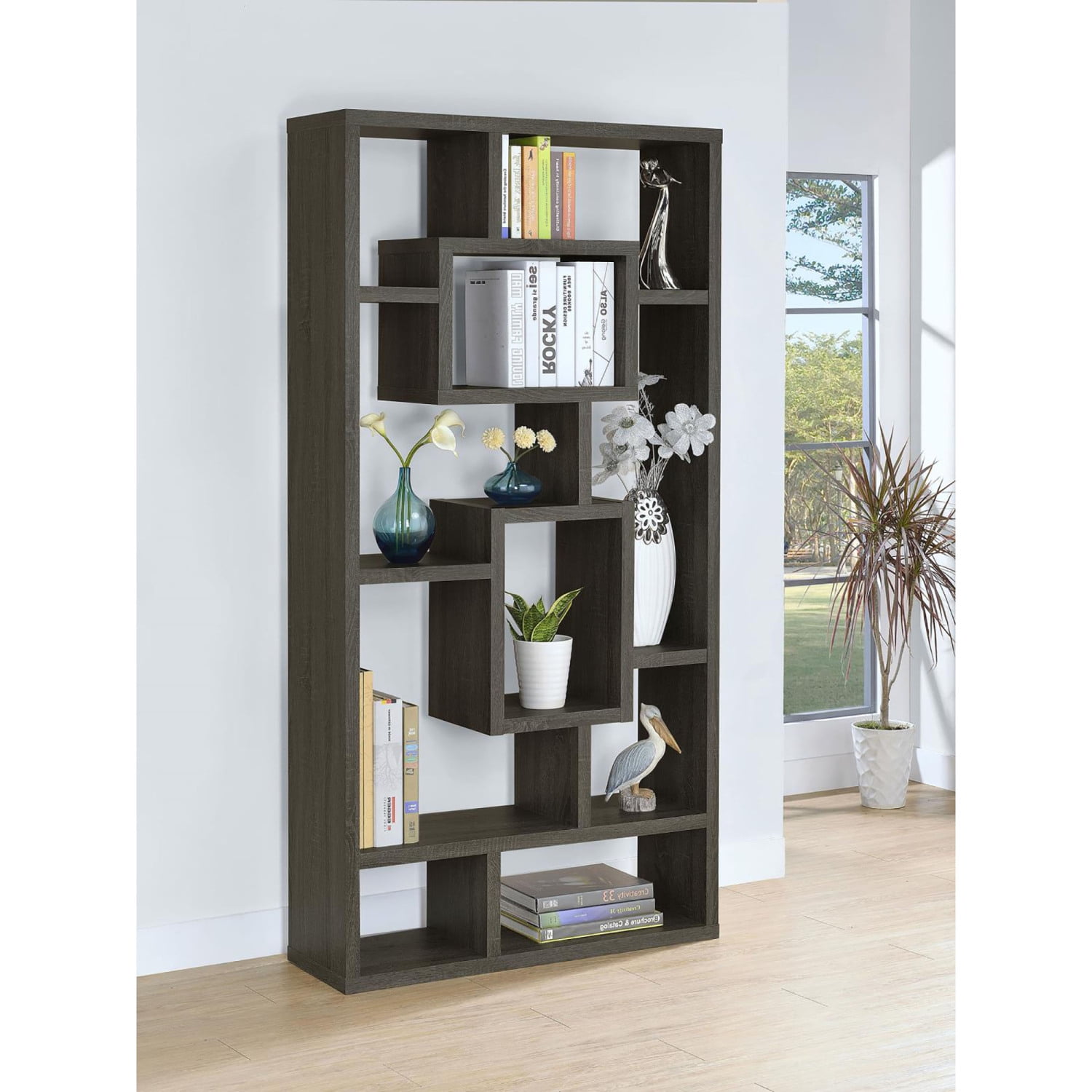 Weathered Gray 10-Shelf Geometric Bookcase