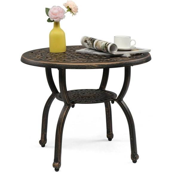 LEIYY 22" Cast Aluminum Outdoor Side Table, All Weather Patio SideTable Outdoor End Table for Patio,Garden,Balcony,Deck, Bronze (Round)