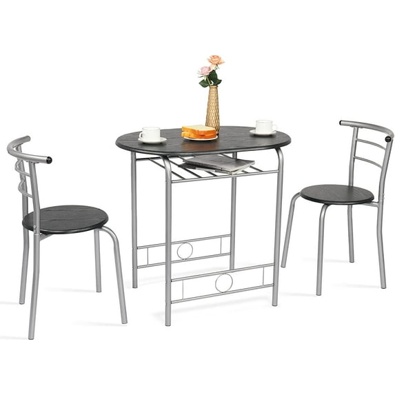 LEIYY 3 Piece Dining Set,Small Kitchen Table Set for 2,Breakfast Table Set,Kitchen Wooden Table and 2 Chairs for Small Space/Dining Room/Apartment,Metal Frame,Wine Rack,Sliver&Black