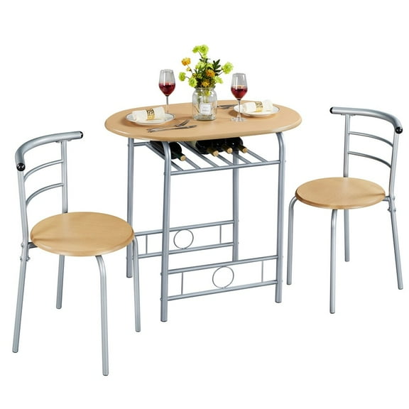 LEIYY  3 Piece Dining Table Set, Kitchen Table & Chair Sets for 2, Compact Bistro Table Set with Steel Legs, Built-in Wine Rack for Small Space, Apartment, Breakfast Nook Natural