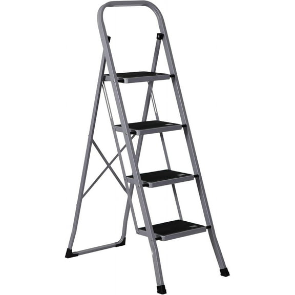 LEIYY 4 Step Ladder Folding Step Stool with Wide Anti-Slip Pedal, Convenient Handgrip, Portable Steel Step Stool, 330 lbs Sturdy Steel Ladder for Household and Office, Gray