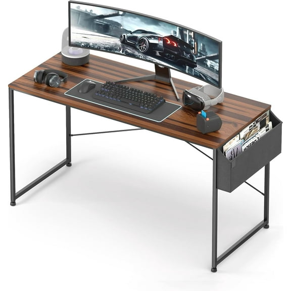 LEIYY 55" Gaming Computer Desk, Home Office Desk Work Study Desk with Storage Bag for Small Spaces, Modern Simple Wood Desk Student Writing Craft Desk PC Desk Bedroom Table, Walnut