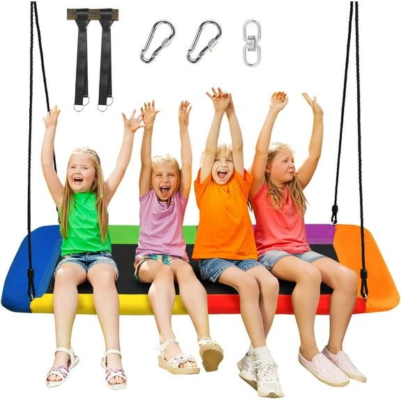 LEIYY 700lb Giant 60'' Platform Tree Swing for Kids and Adults, Wear- Resistant Indoor/Outdoor Rectangle Swing with Durable Steel Frame and 2 Hanging Straps for Porch, Backyard (Rainbow)