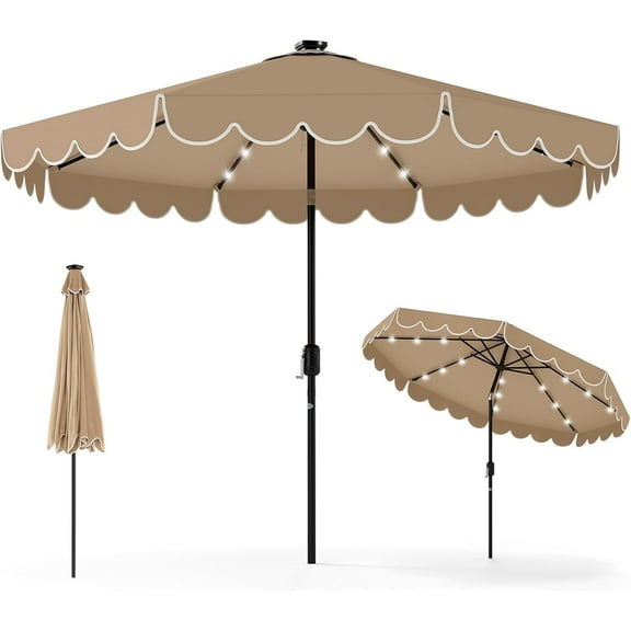 YSNW 9 FT Solar Patio Umbrella, 2-Tiers Scalloped Outdoor Table Market Umbrella with 32 LED Lights, Vented Top, Tilt Adjustment, Crank, 8 Ribs for Backyard Poolside Deck Beach Lawn (Coffee)