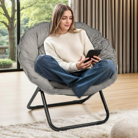 LEIYY Folding Faux Fur Saucer Chair,Portable Folding Soft Moon Chair for Bedroom, Dorm Rooms, Apartments, Lounging, Garden and Courtyard, Grey