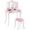 thumbnail image 1 of LEIYY Kids Vanity Table and Chair Set, Girls Vanity Set with Mirror and Stool, Storage Drawer, Wooden Princess Makeup Dressing Table,Pretend Play Vanity Set for Little Girls,Pink & White, 1 of 10