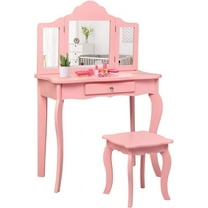 LEIYY Kids Wooden Vanity Table & Stool Set, 2 in 1 Detachable Design with Dressing Table and Writing Desk, Princess Makeup Dressing Table with Two 180° Folding Mirror, for Girls, Kids (Pink)