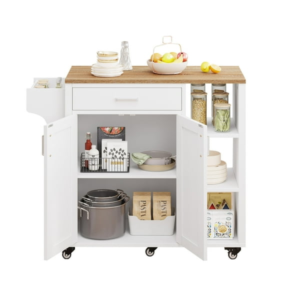 LEIYY Kitchen Island Cart, Wood Top Mobile Breakfast Bar, Rolling Kitchen Table with 3 Drawers and Shelves, Portable Islands on Wheels, for Dining Kitchen Living Room Farmhouse,19.2"W White