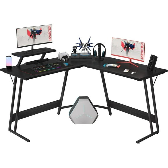 LEIYY L Shaped Gaming Desk, Computer Corner Desk with Monitor Riser Stand, Home Office Desk Corner Desk for Studying, Working, L Desk with Large Desktop (Classical Black, 51 Inch)